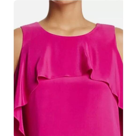 KOBI HALPERIN | Silk Cold Shoulder Cascade Ruffle Dress in Dragon Fruit Medium - Picture 3 of 7